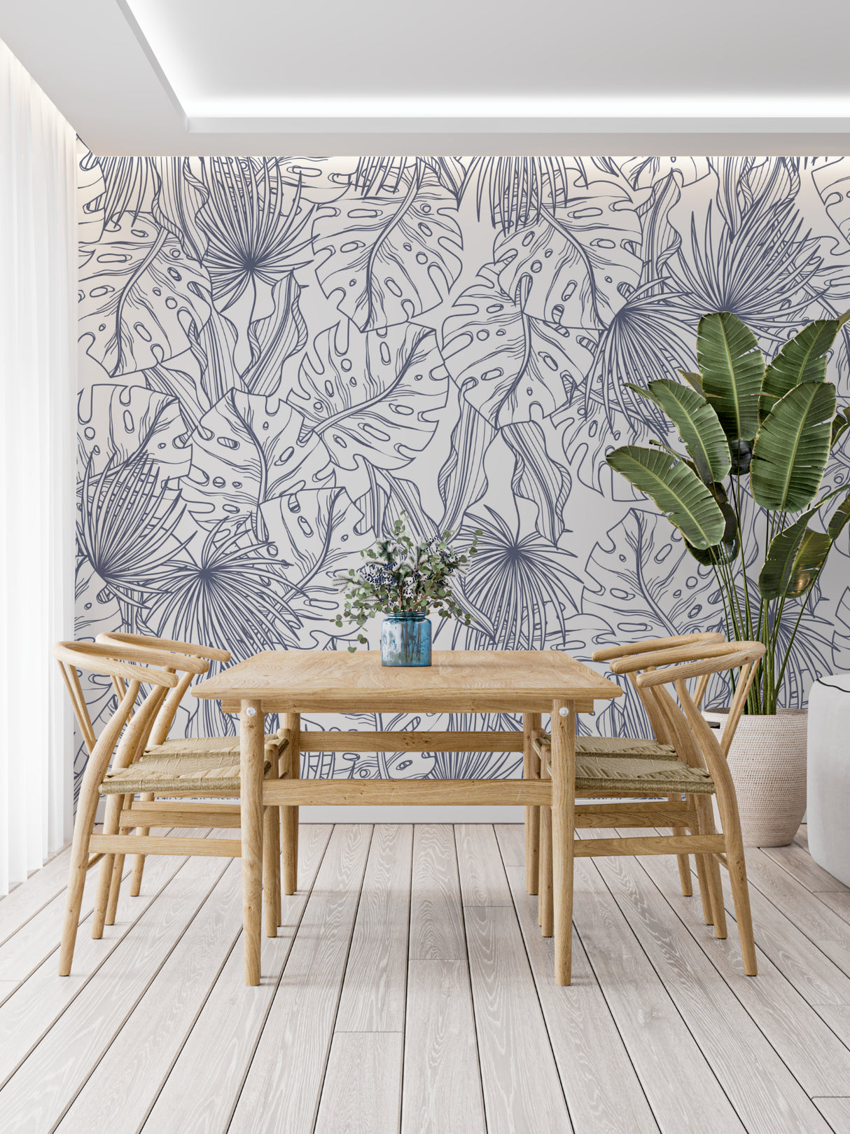 Master bedroom with blue tropical line art wallpaper creating calm atmosphere