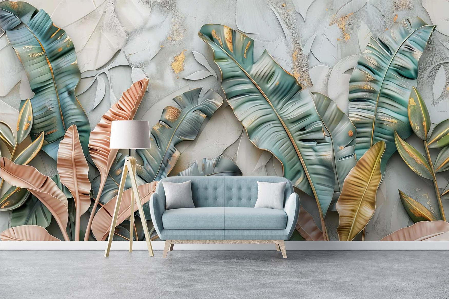 Botanical wall mural in home office showing scale of 3D banana leaves pattern