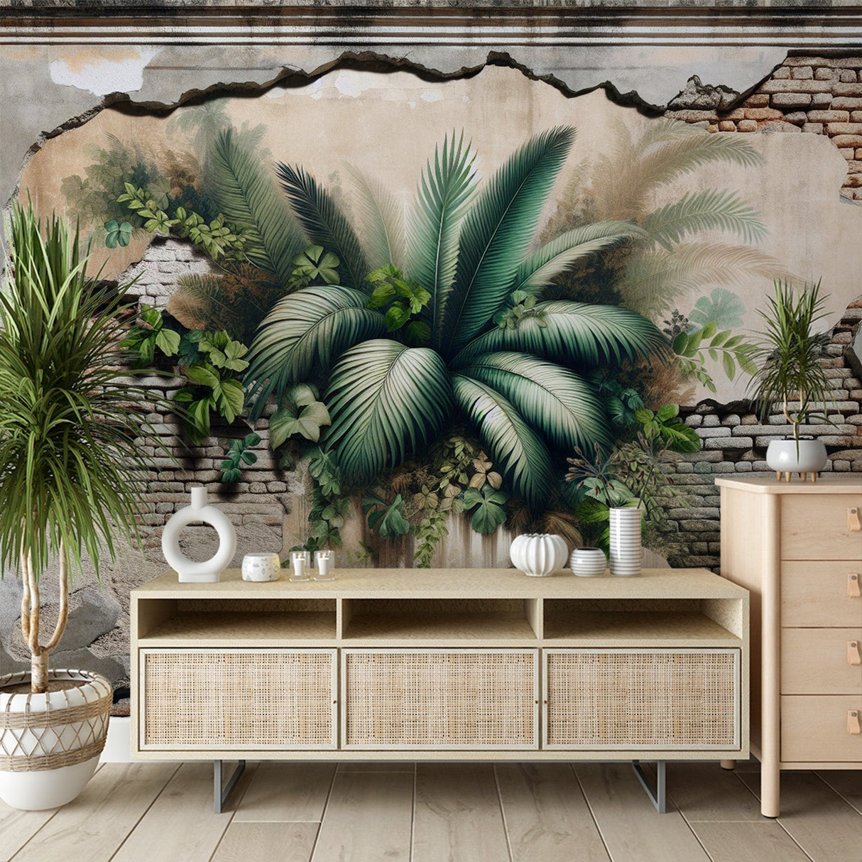 Tropical 3D brick wall mural with palm leaves creating depth in a modern living room setting