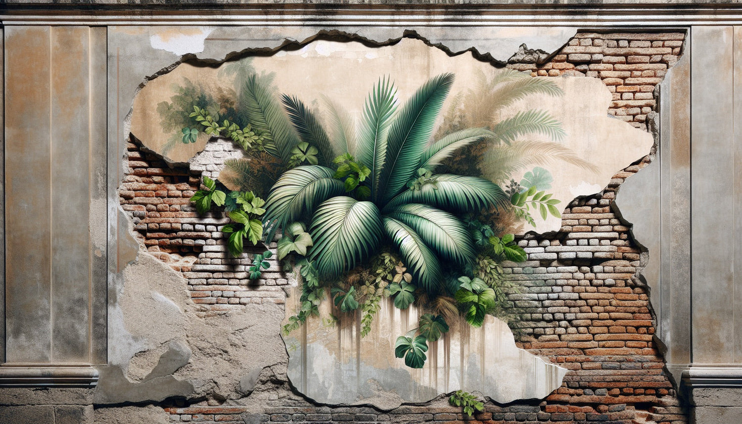 Tropical palm leaves and brick wall design file showing intricate details and textures