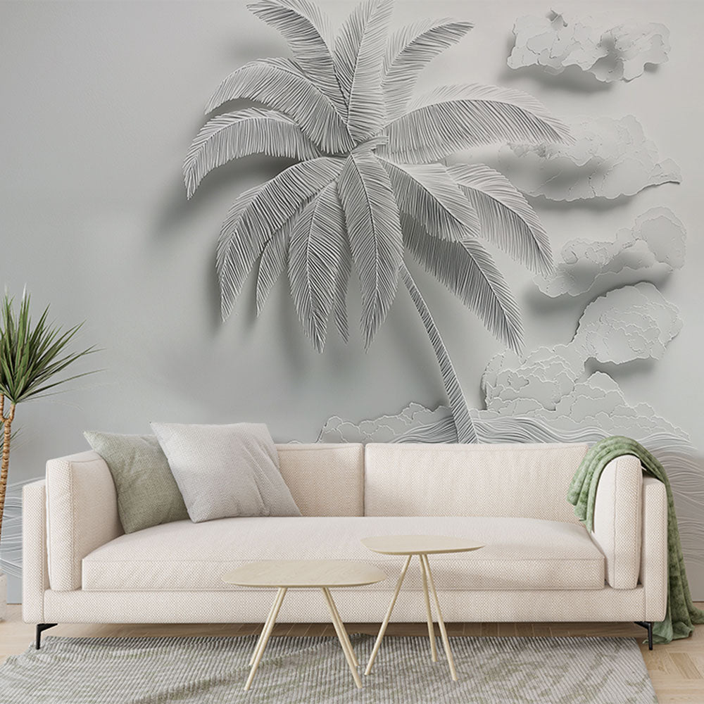 Tropical 3D embossed palm tree wallpaper creating depth in a modern living room with natural lighting