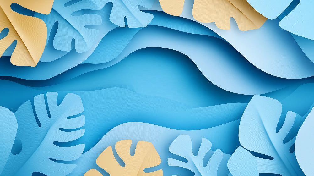 Tropical Monstera and Waves design file showing detailed 3D pattern with blue waves and beige leaves