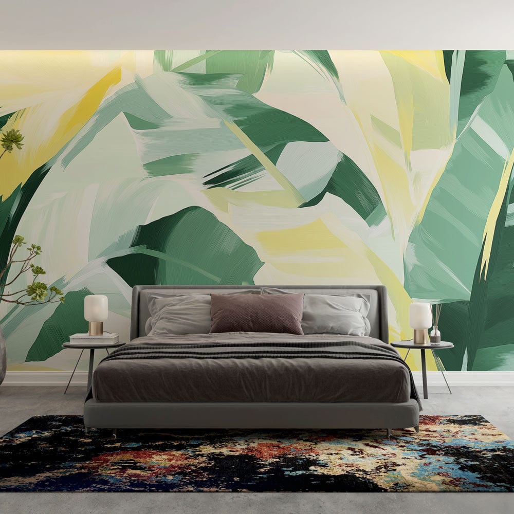 Tropical banana leaf wallpaper creating a fresh modern look in a bright living room with natural light