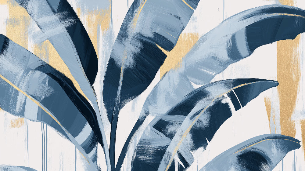 Abstract blue leaves with gold accents wallpaper design file showing full pattern detail
