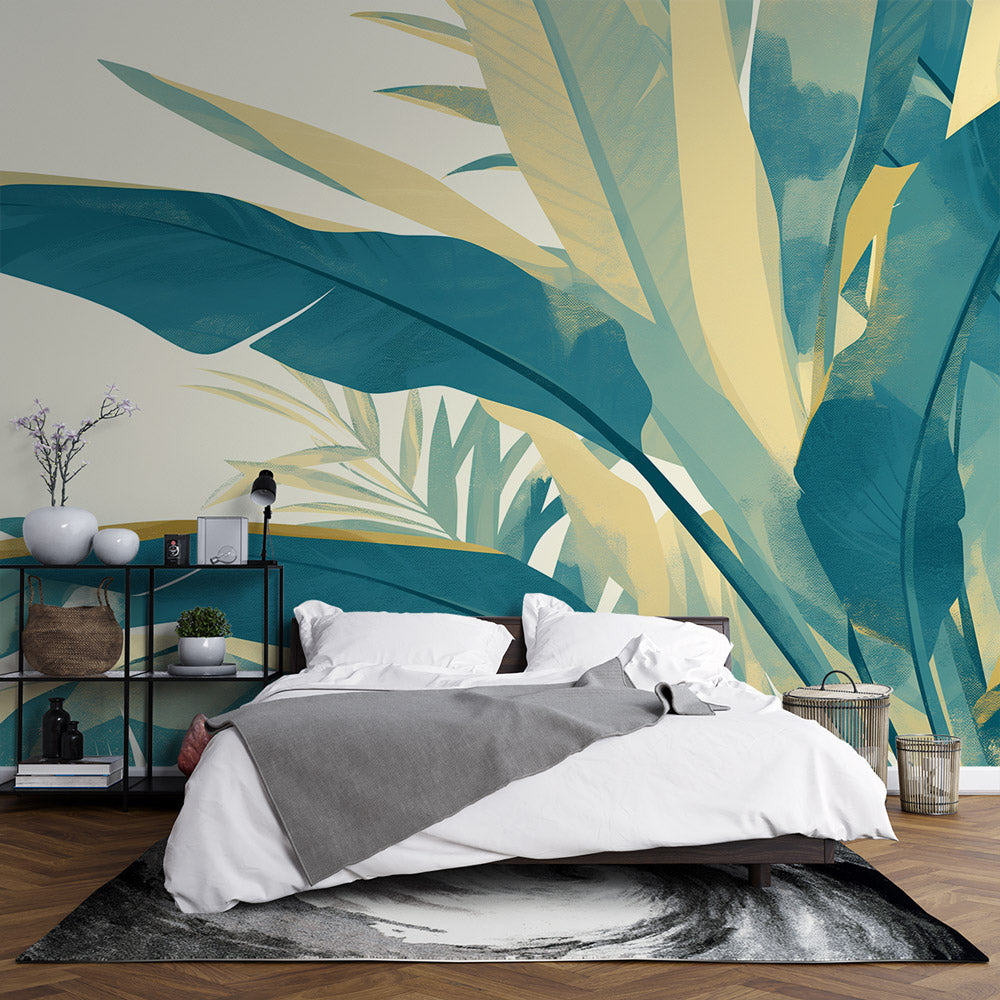 Tropical leaf wallpaper in modern living room showing teal and gold pattern creating depth
