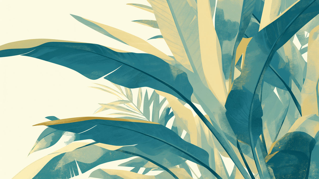 Botanical wall mural in dining room with teal leaves catching natural light