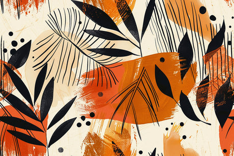 Design file showing detailed tropical leaf pattern with orange accents and black palm fronds