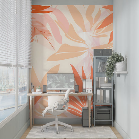 Tropical leaf wallpaper with orange and pink design in bright modern living room