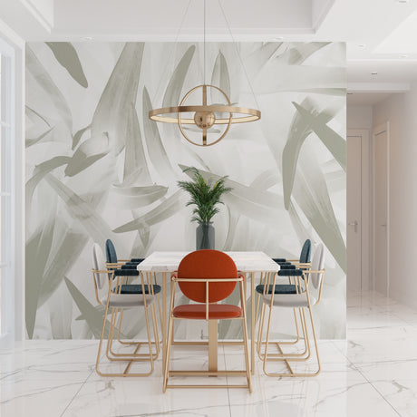Tropical palm leaf wallpaper in modern living room showing sage green botanical pattern