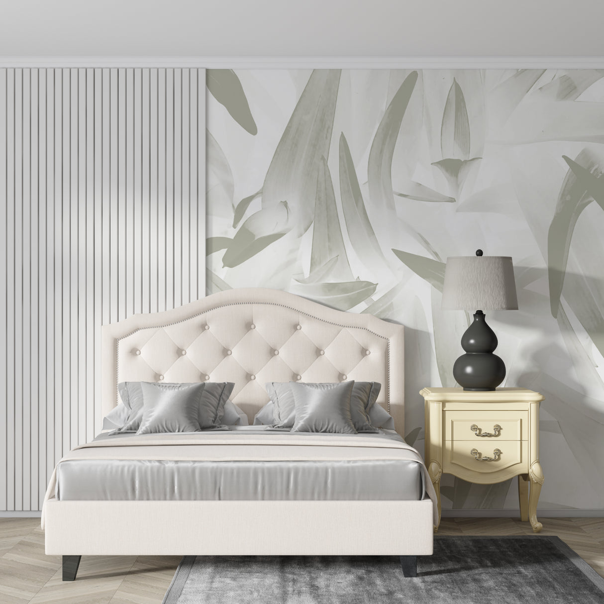 Sage green palm leaf mural in minimalist bedroom creating calm atmosphere