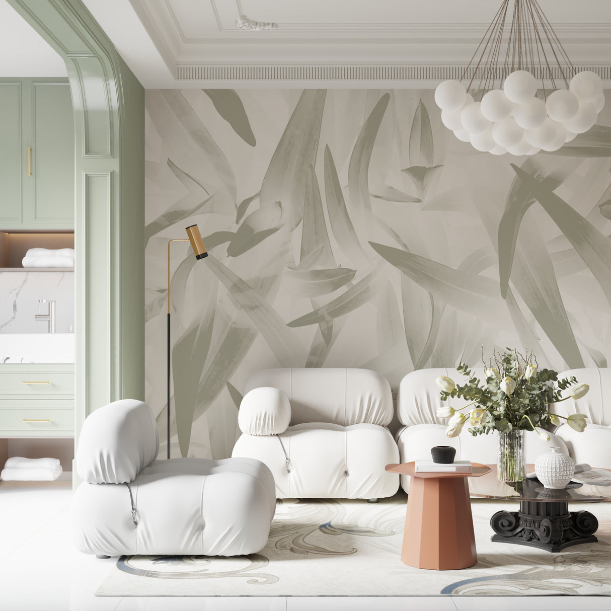 Abstract palm wallpaper bringing nature into home office space