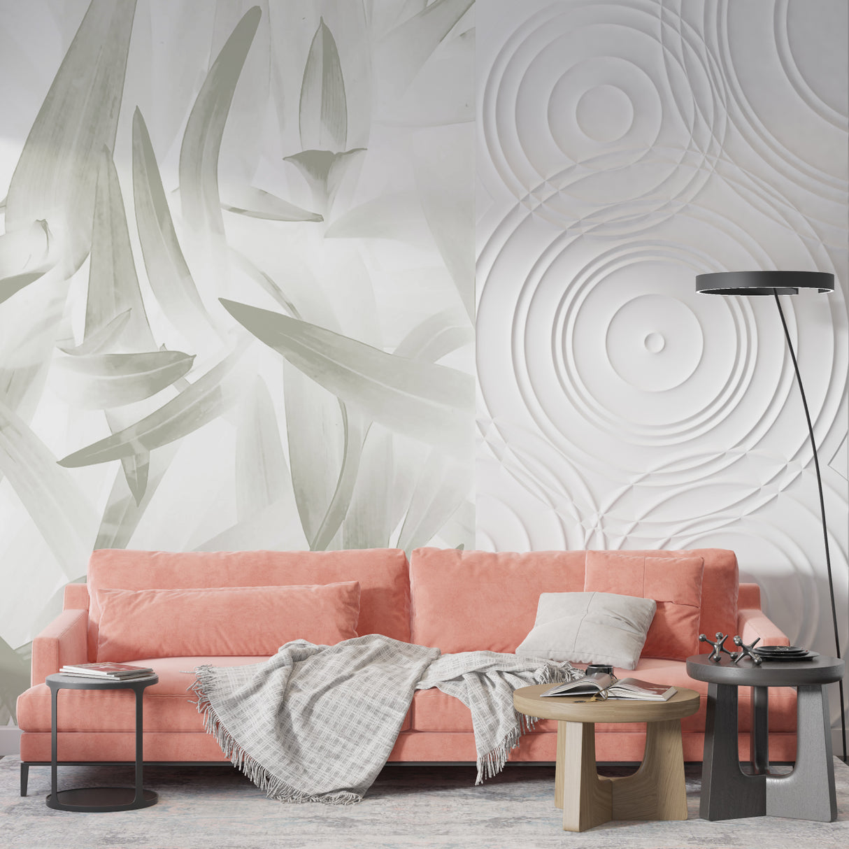 Tropical leaf wallpaper enhancing dining room with soft sage tones