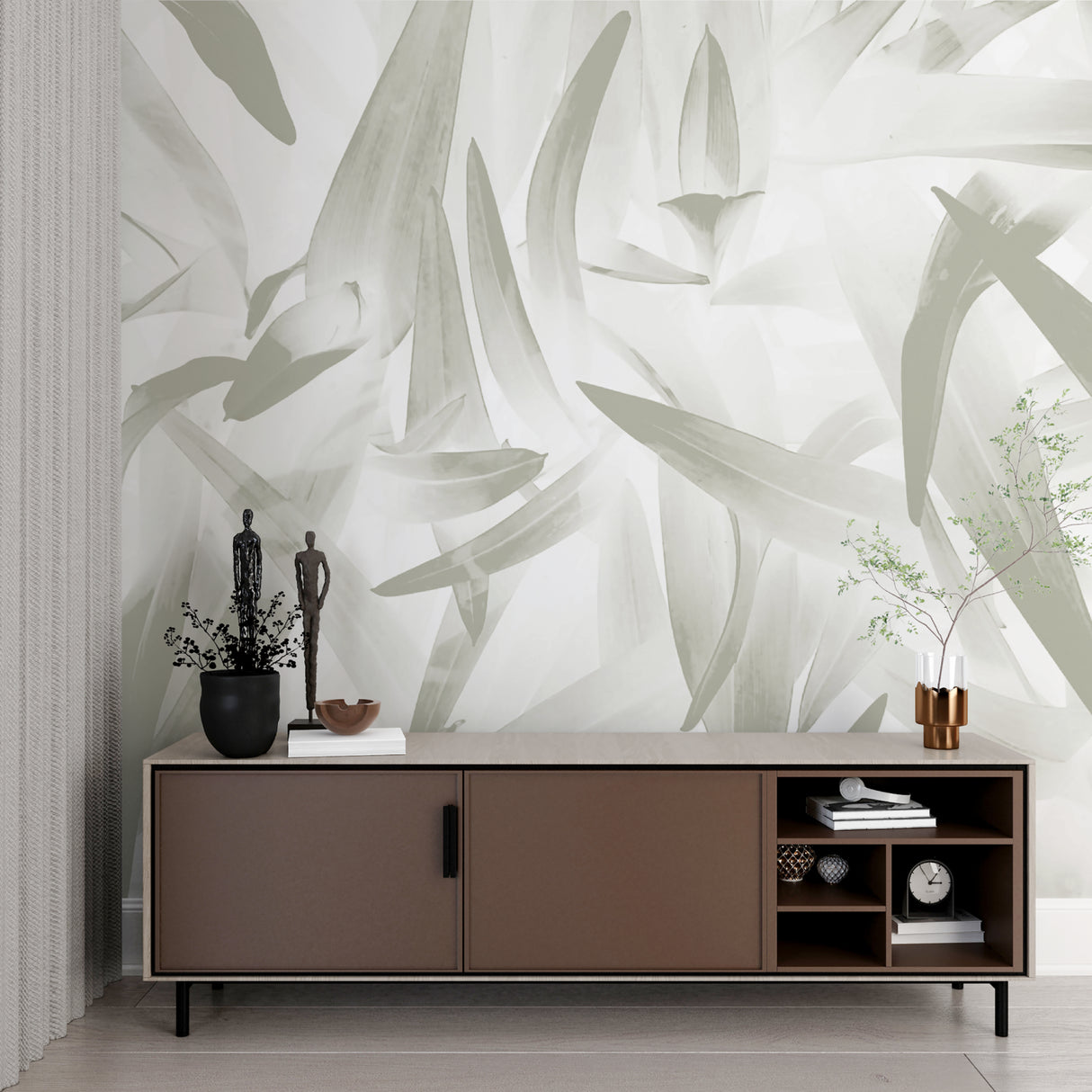 Botanical wall mural showing scale in modern entryway