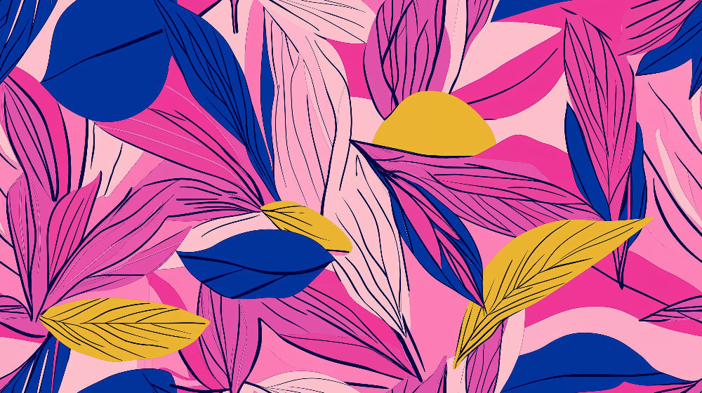 Abstract pink and blue tropical foliage design file showing the complete pattern