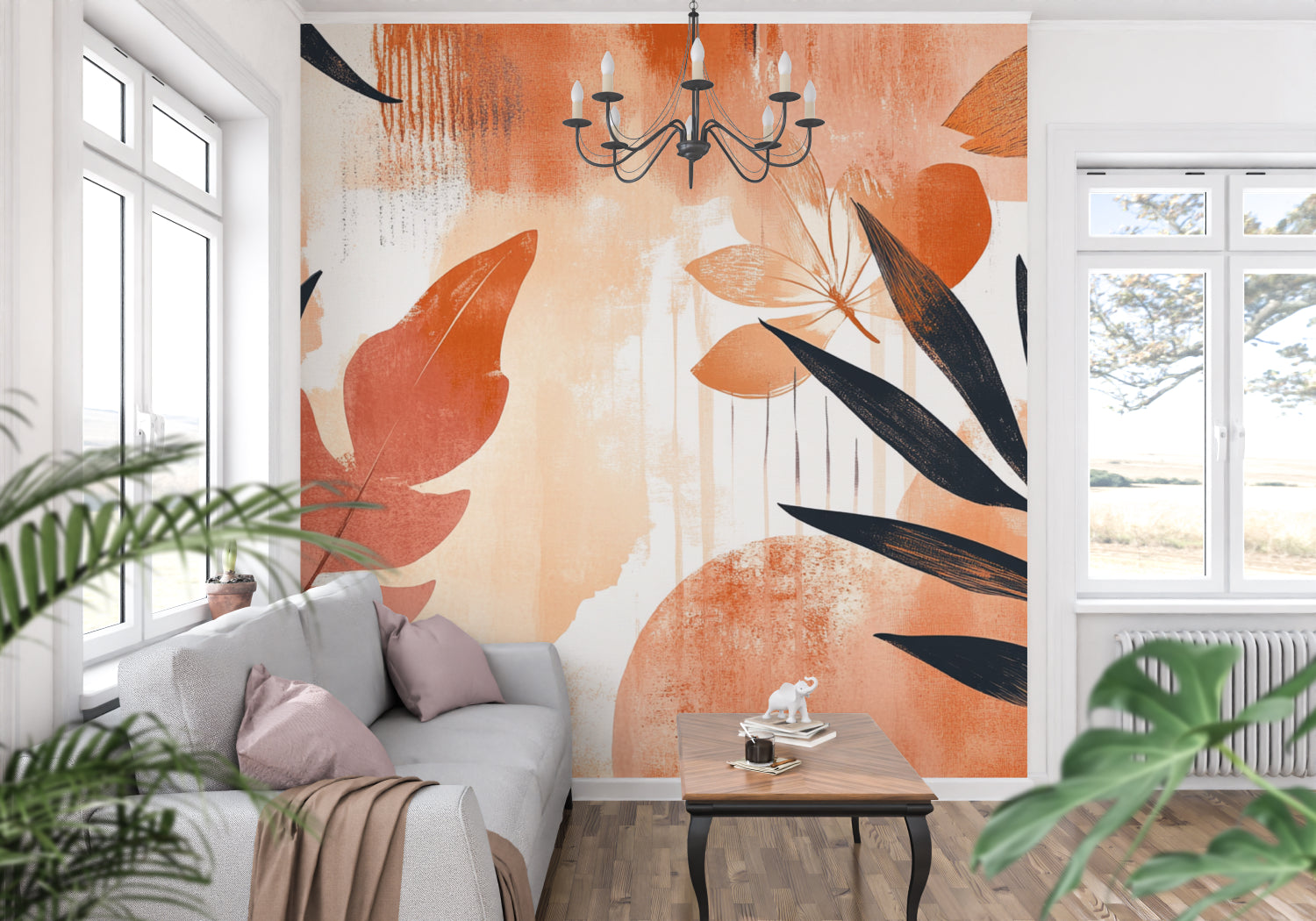 Abstract terracotta leaf mural creating focal point in master bedroom