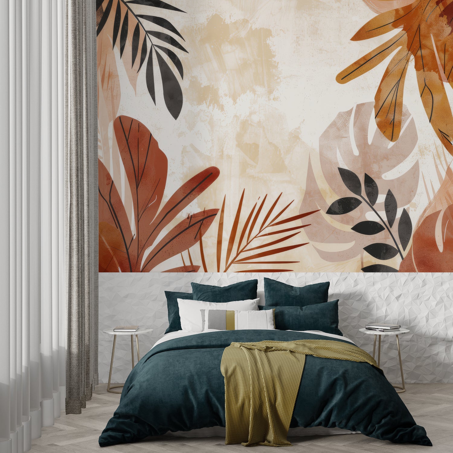 Tropical leaf wallpaper in modern living room with terracotta and black abstract design