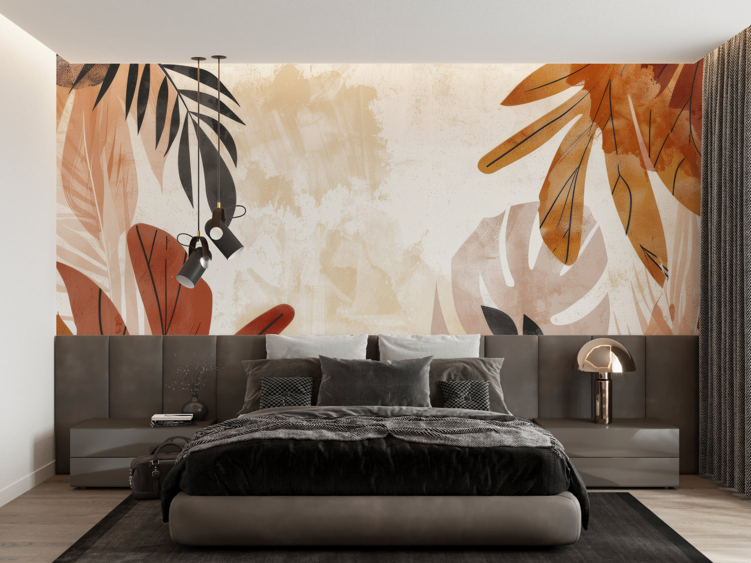 Abstract tropical wallpaper creating calm bedroom atmosphere with terracotta tones