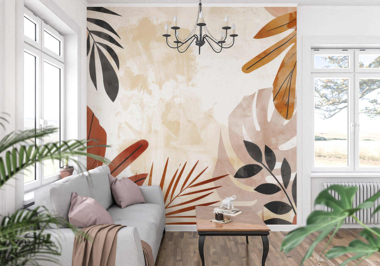 Modern dining room featuring botanical wall mural with black and terracotta leaves