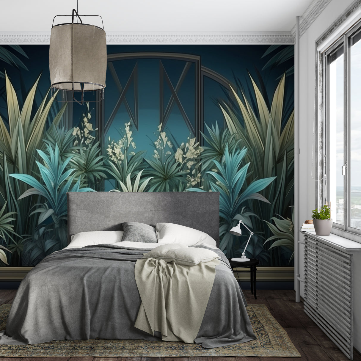 Tropical garden wallpaper with art deco elements creating a dramatic focal point in a modern living room