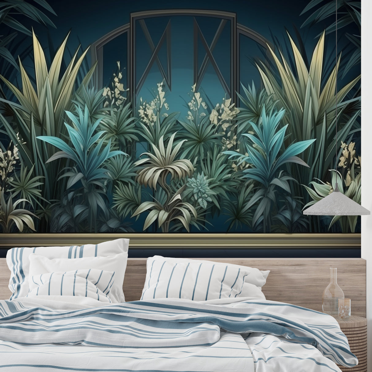 Art deco jungle mural adding luxury feel to a master bedroom with turquoise accents