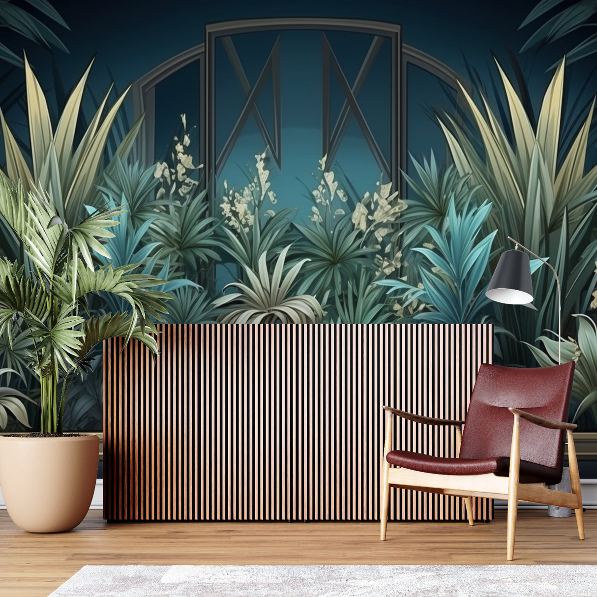 Botanical art deco wallpaper transforming a dining room into an elegant tropical paradise