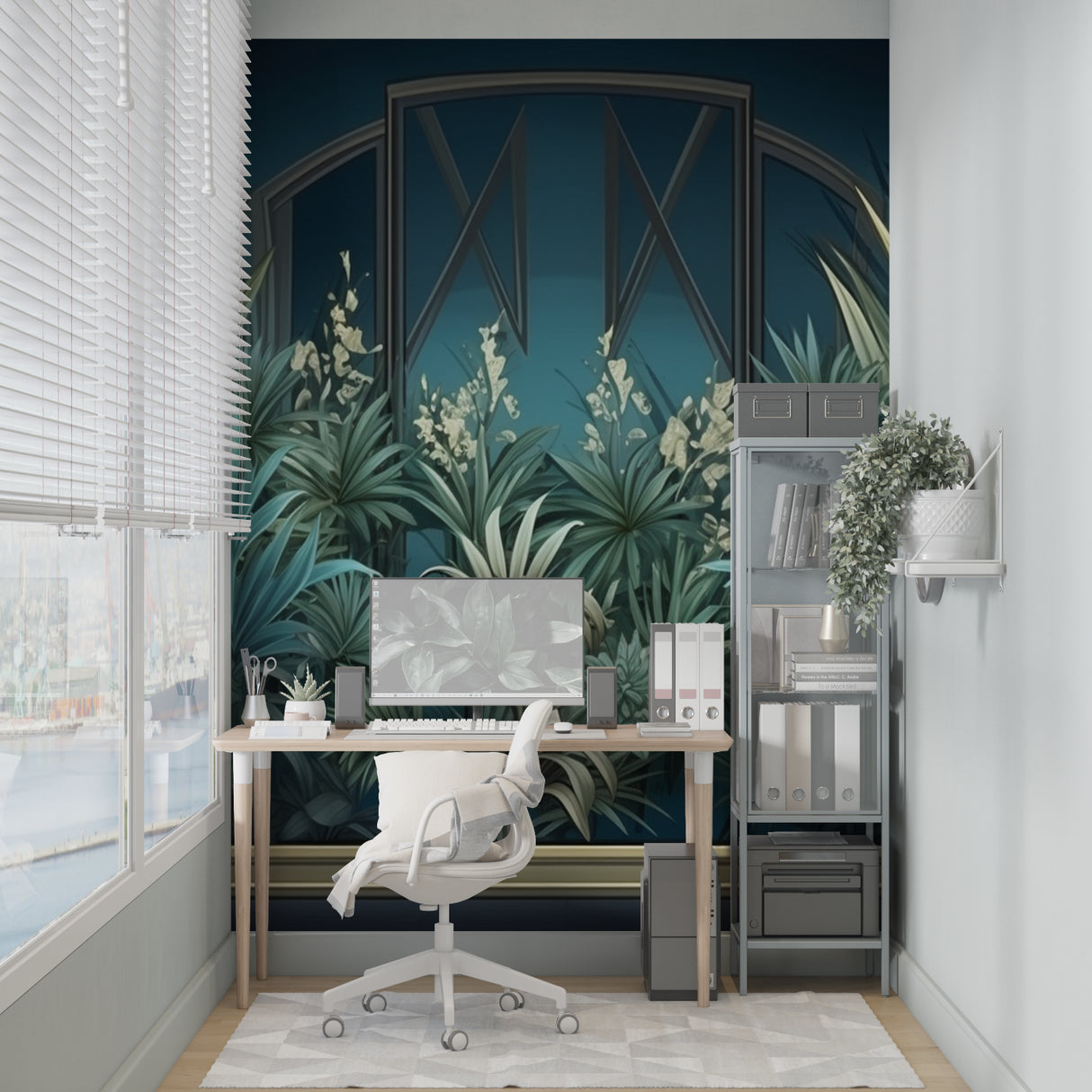 Tropical garden wall mural creating depth in a home office with natural lighting