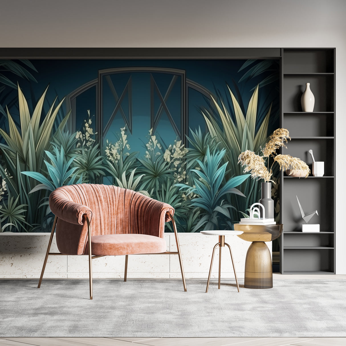 Art deco tropical wallpaper making a statement in a boutique hotel lobby