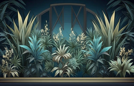 Design file showing detailed tropical garden pattern with art deco elements and turquoise sky