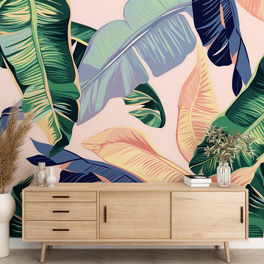 Tropical leaf wallpaper in modern living room showing large-scale banana leaves in emerald and coral tones