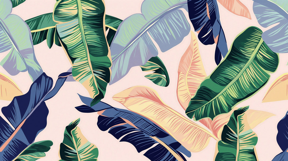 Banana leaf wallpaper design file showing detailed botanical pattern with rich emerald and coral colors