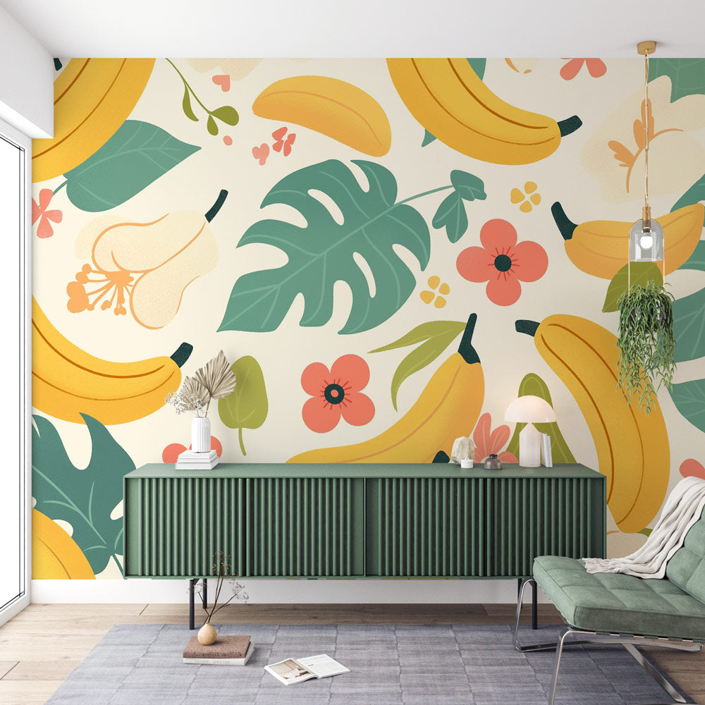 Tropical banana leaf wallpaper bringing fresh energy to a modern dining room with natural light and wooden furniture
