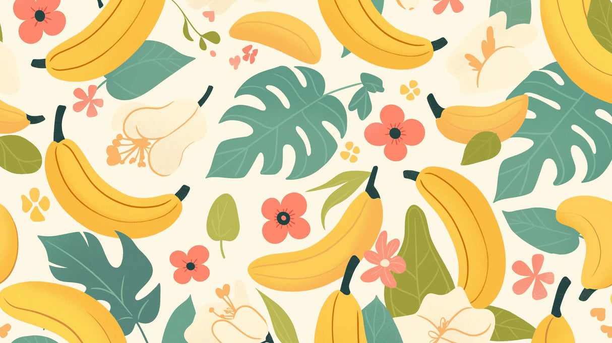 Banana and monstera pattern design file showing detailed leaf motifs and golden accents