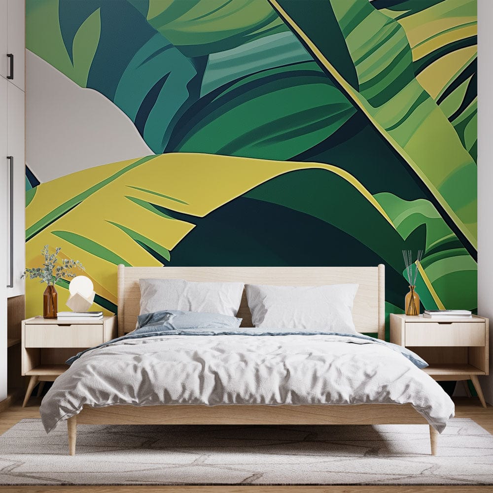 Tropical leaf wallpaper creating a stunning backdrop in a modern living room with natural light and minimal furniture