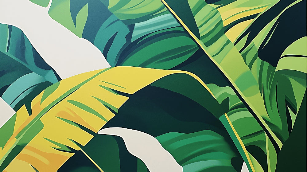 Banana leaf abstract design pattern showing the refined details and rich green tones of the wall mural design file