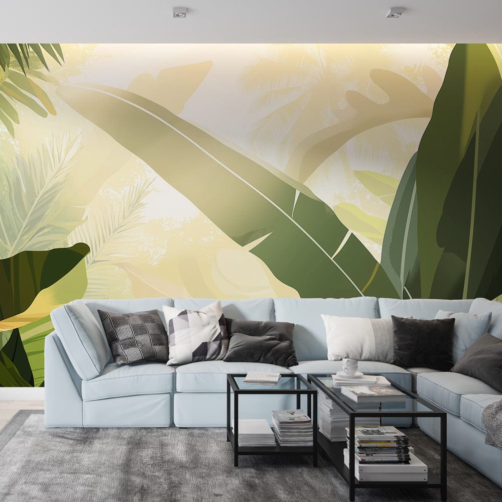 Tropical leaf wallpaper creating a fresh green accent wall in a modern living room with natural light and minimal furniture