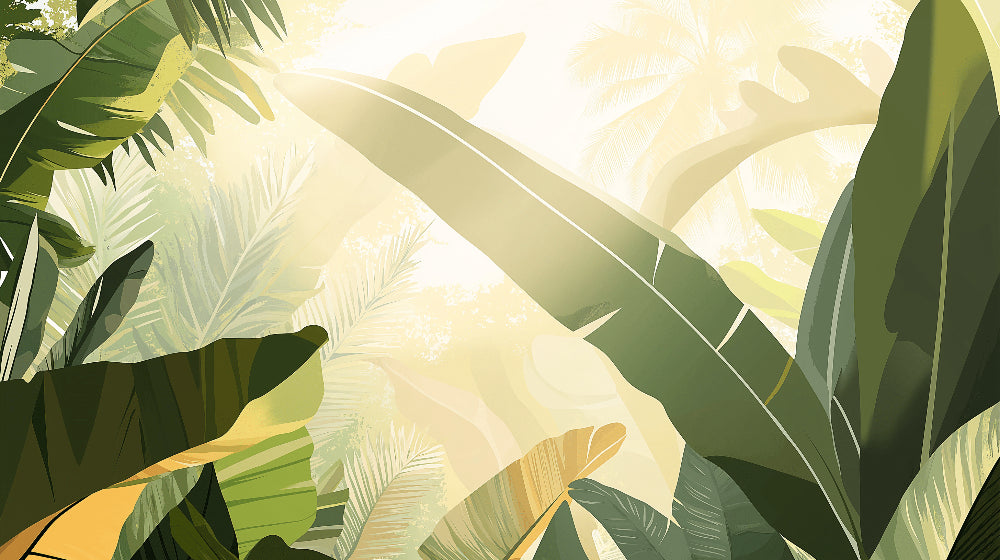 Banana leaf and palm design file showing detailed tropical pattern with emerald green leaves on beige background