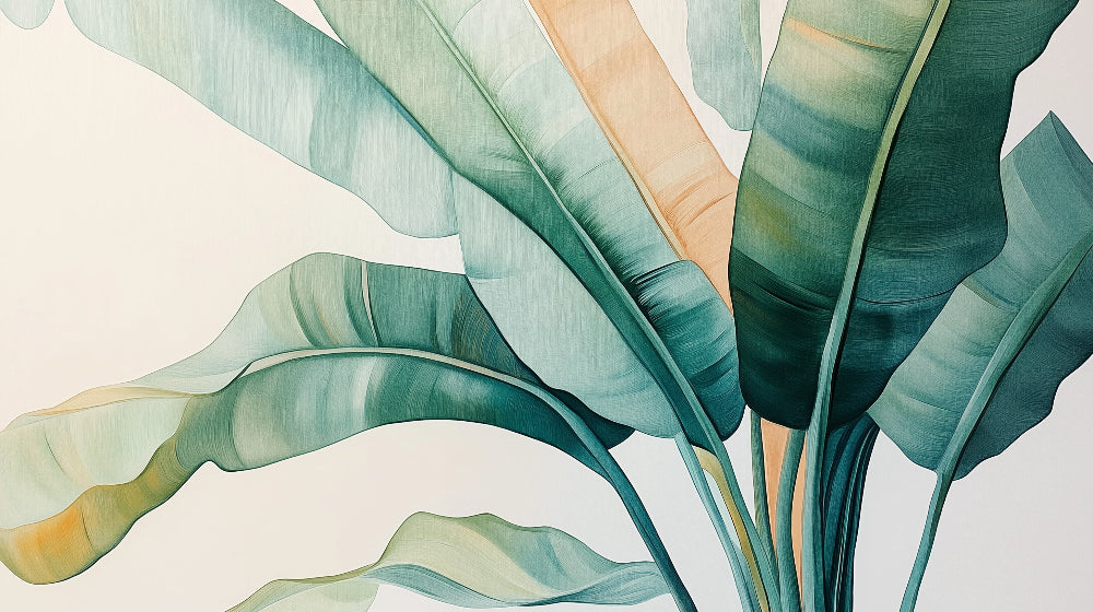 Tropical banana leaf wallpaper creating a stunning backdrop in a modern dining room with natural light