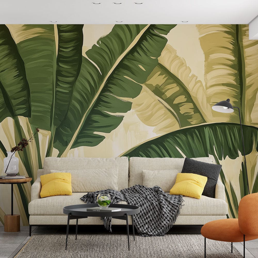 Tropical banana leaf wallpaper creating a stunning backdrop in a modern living room with natural light