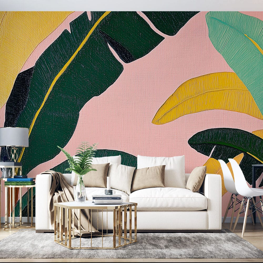 Tropical leaf wallpaper in pink and green bringing fresh energy to a modern dining room with white furniture