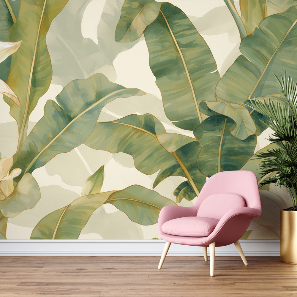Tropical banana leaf wallpaper creating a resort feel in a bright modern living room with natural light