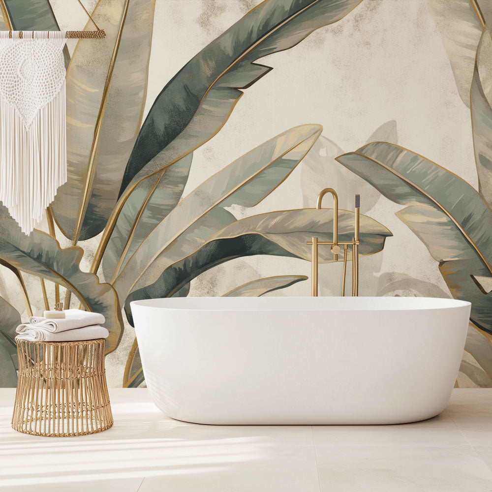 Banana leaf wallpaper with gold accents design file showing intricate botanical pattern and metallic details