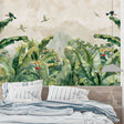 Tropical paradise wallpaper with banana leaves creating a calm atmosphere in a modern living room