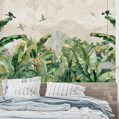 Tropical paradise wallpaper with banana leaves creating a calm atmosphere in a modern living room