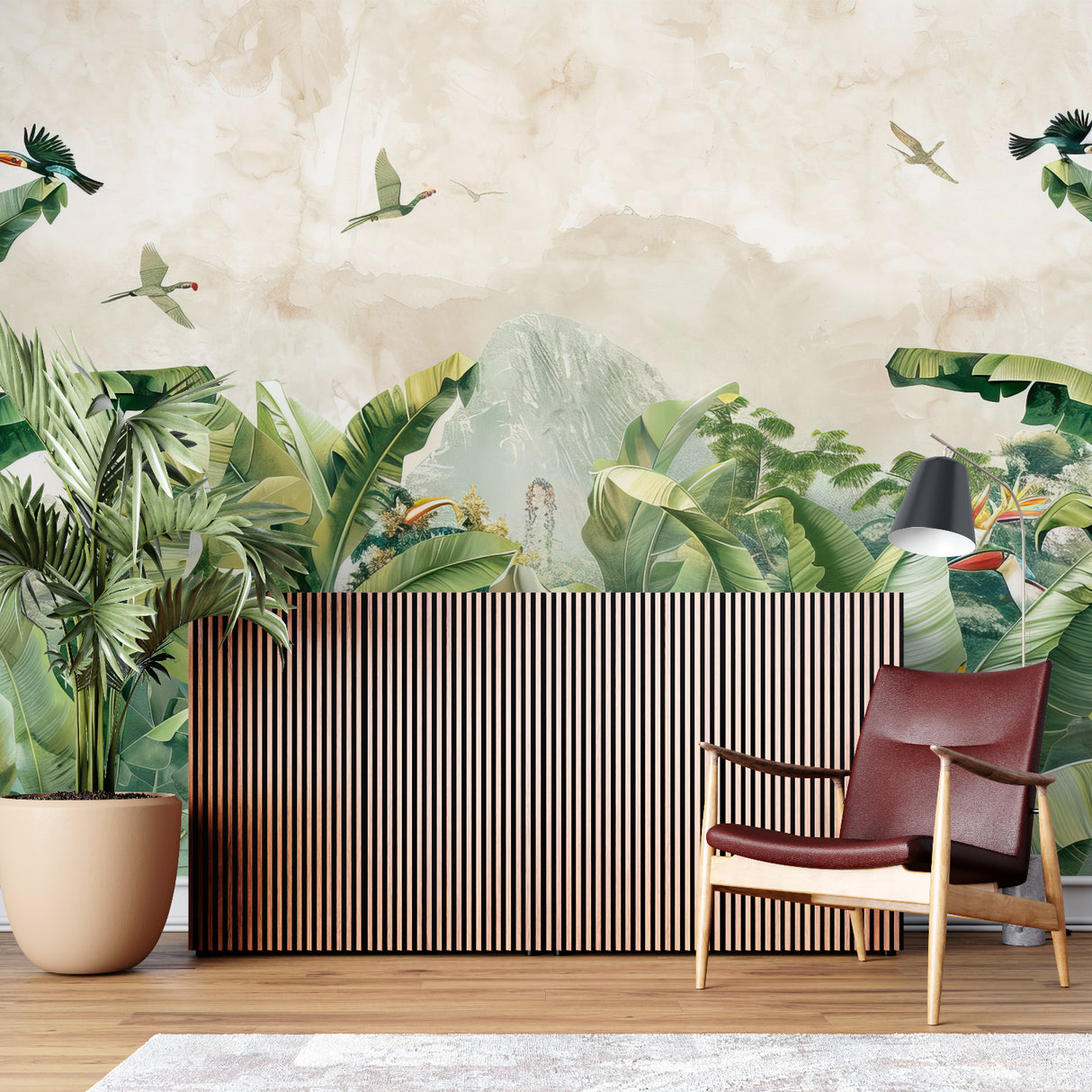 Banana leaf wall mural bringing natural beauty to a bright dining room setting