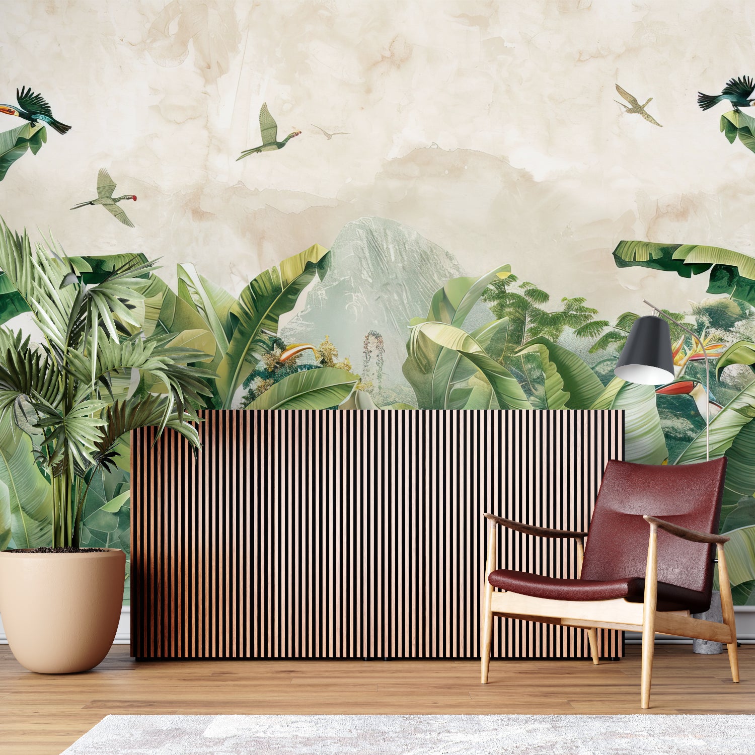 Banana leaf wall mural bringing natural beauty to a bright dining room setting