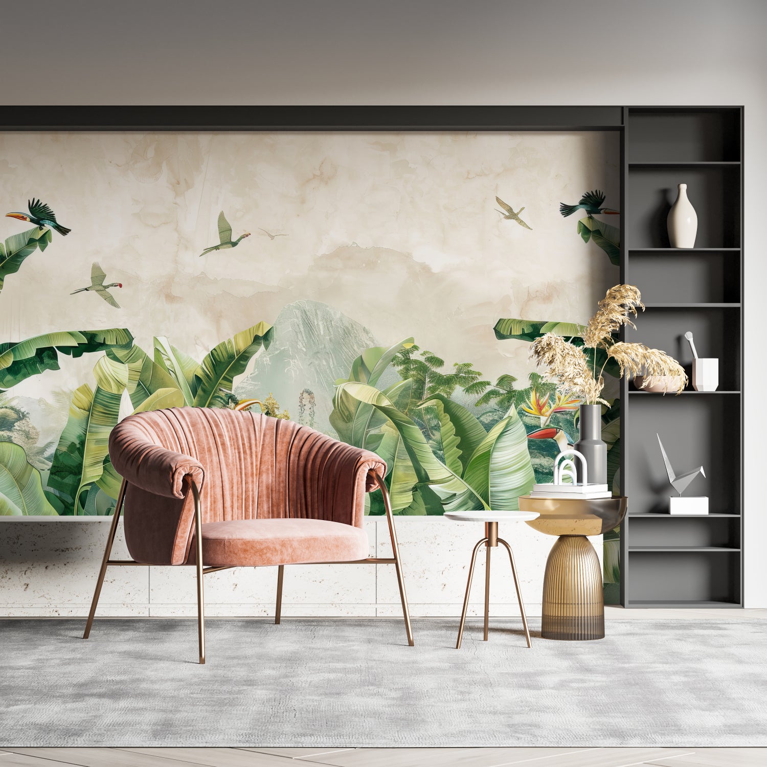 Tropical leaf wallpaper transforming a bedroom into an exotic retreat