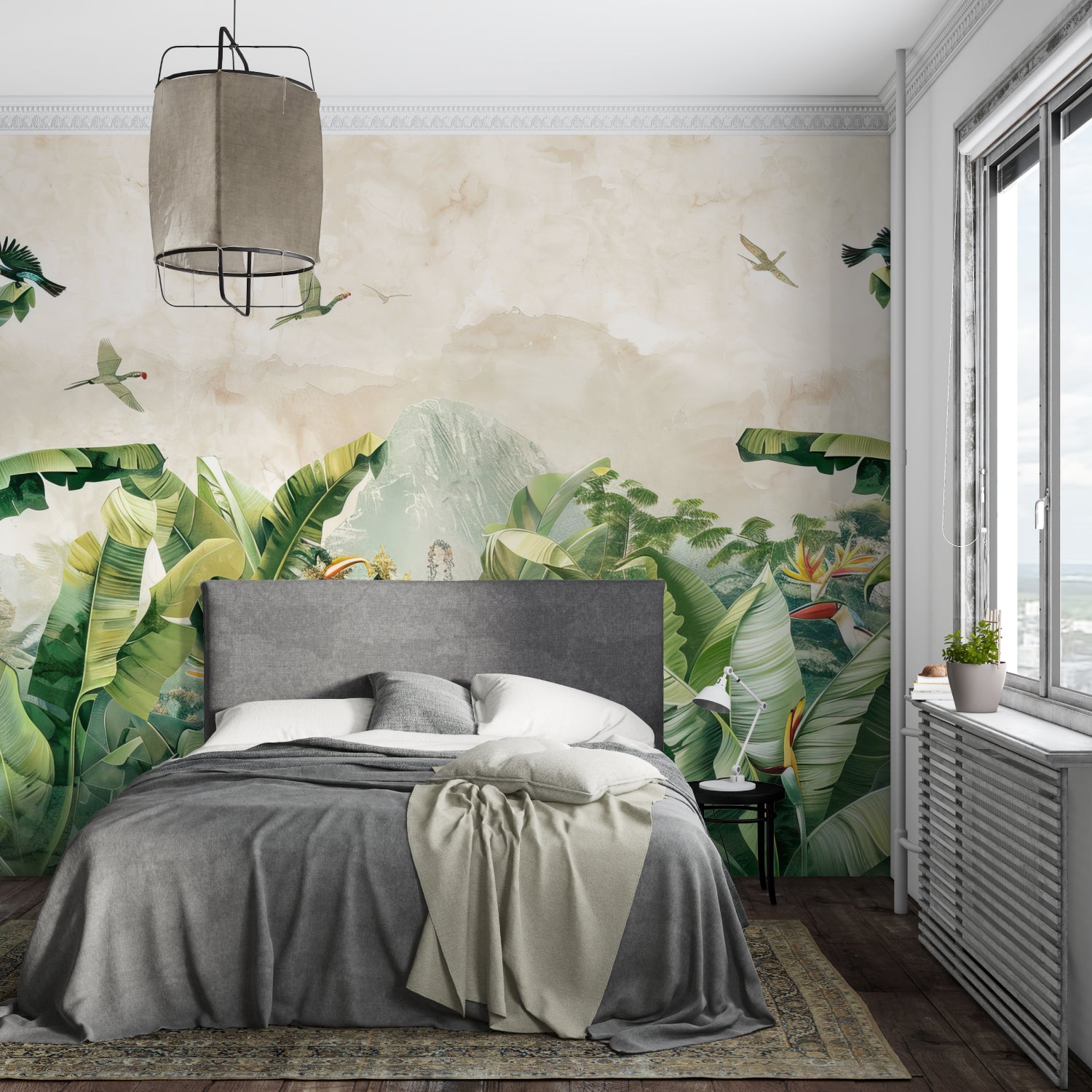 Birds and banana leaves mural adding life to a home office space