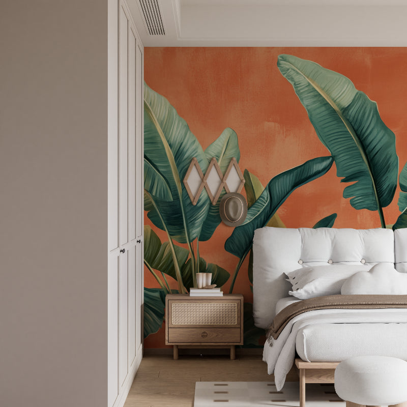 Botanical wallpaper bringing fresh feel to bedroom with minimalist furniture