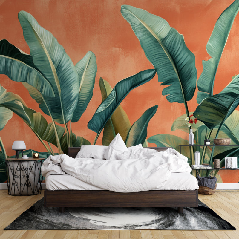 Tropical wallpaper enhancing home office space with warm terracotta tones