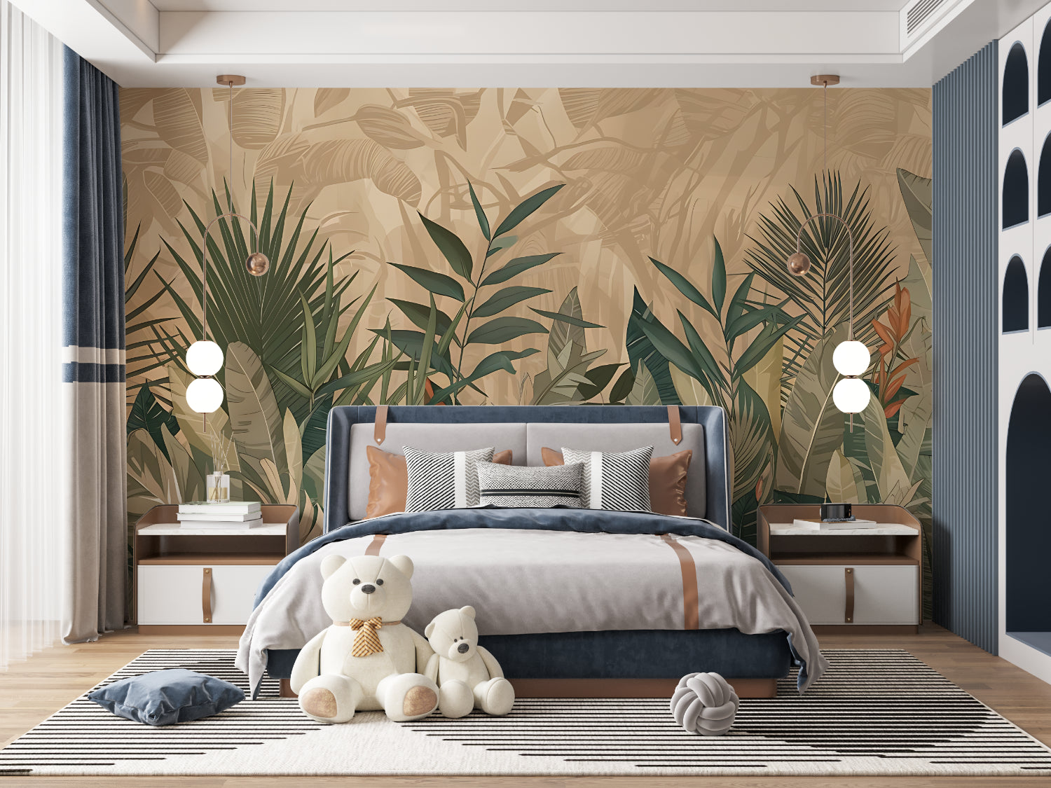 Palm leaf mural creating a fresh backdrop in a minimalist bedroom